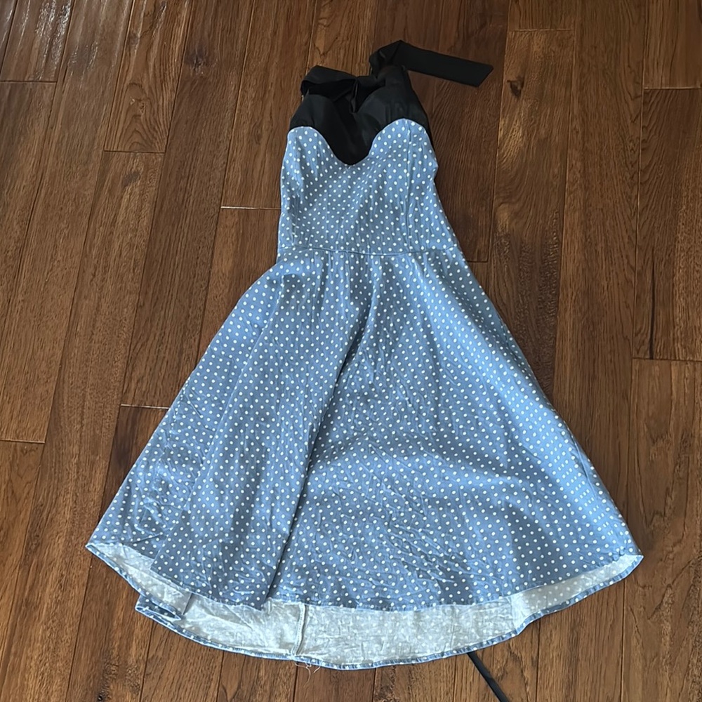 Elegant Black and Blue Halter Polka Dot Dress
